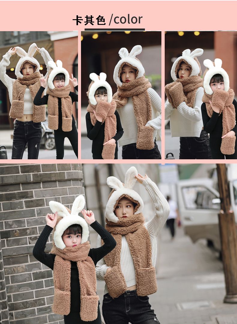 A plush hat, scarf and gloves one-piece set for girls in winter, with thick and warm cat ears, cycling scarf and cap detail image 7