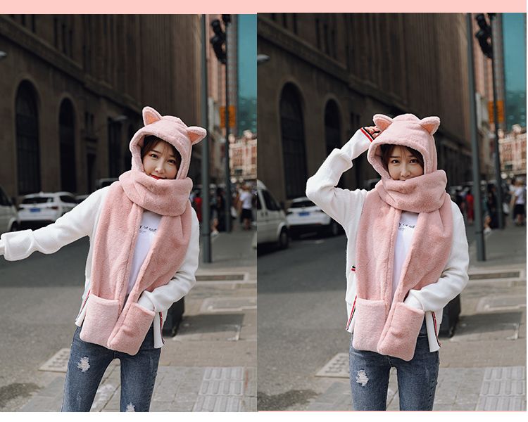 Little bear ears, one-piece hat and scarf, a versatile winter fur scarf for girls, a Korean version of a cute girl two-piece set detail image 9