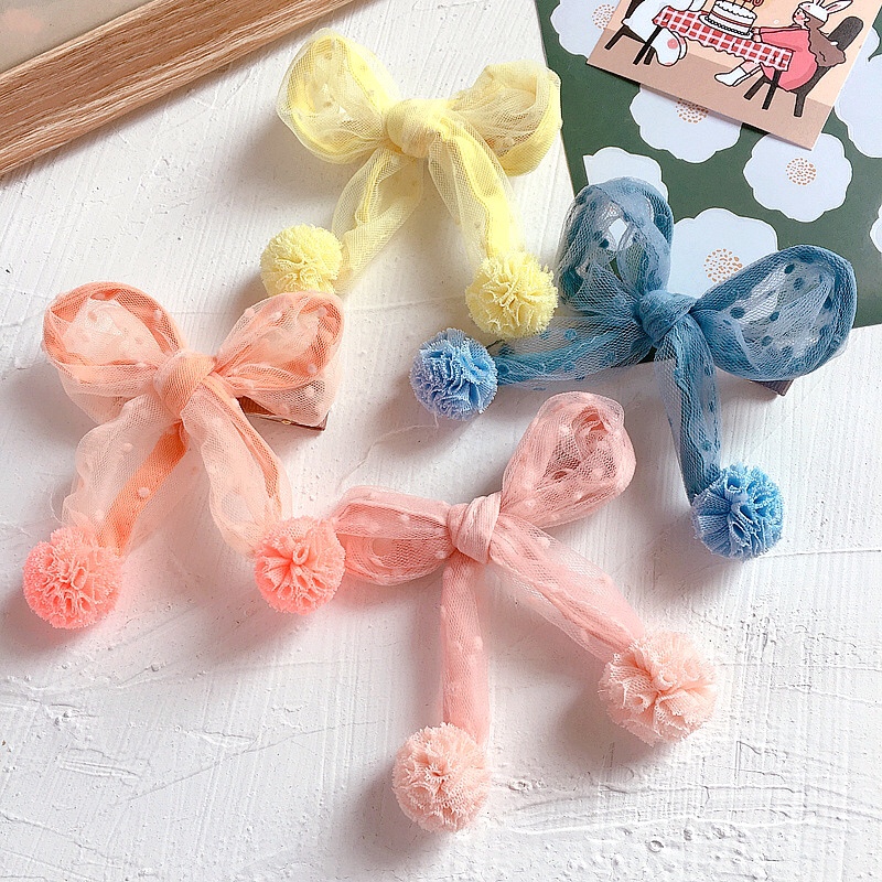 Candy yarn ball flocking wave dot mesh children with bow edge clip thumbnail