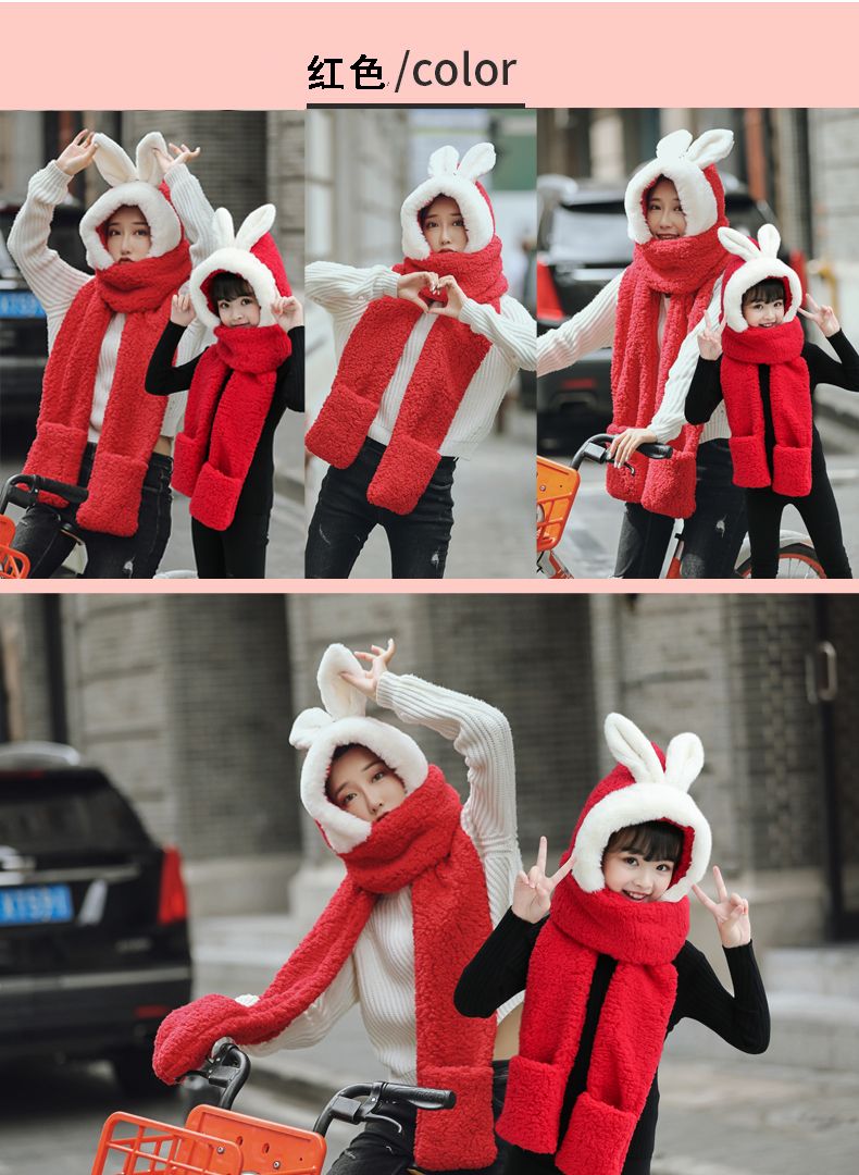 A plush hat, scarf and gloves one-piece set for girls in winter, with thick and warm cat ears, cycling scarf and cap detail image 15