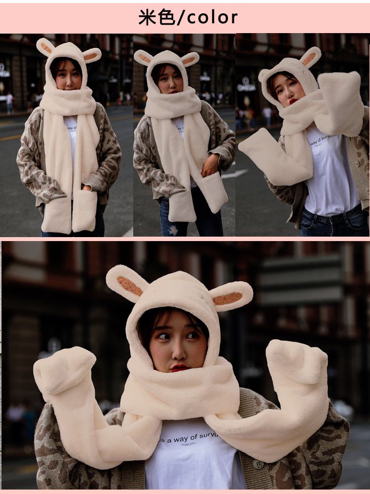 Winter warm sheepskin plush hat, scarf and scarf in one piece, little bear ear cap, cycling windproof and cold-proof for women, autumn and winter detail image 12