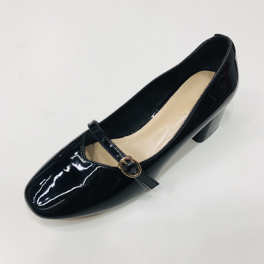 Victory Shoes Women's patent leather one-line decorative strap thick heel French glossy thick heel low heel Women's shoes details Picture
