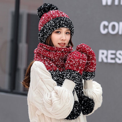 【 3-piece Set 】 New hats for girls in winter, Korean style, versatile for students, woolen hat, sweet and cute for girls, knitted hat, ear protection and warmth Specification image