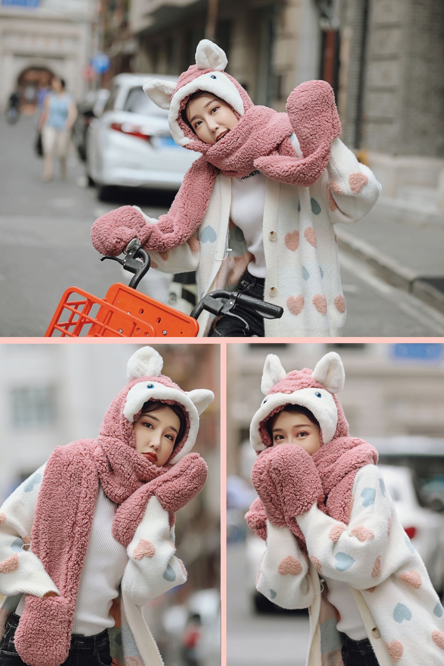 A thick and warm Korean version of a hooded scarf for girls in winter, a cute and versatile three-piece set of hat, scarf and gloves detail image 15