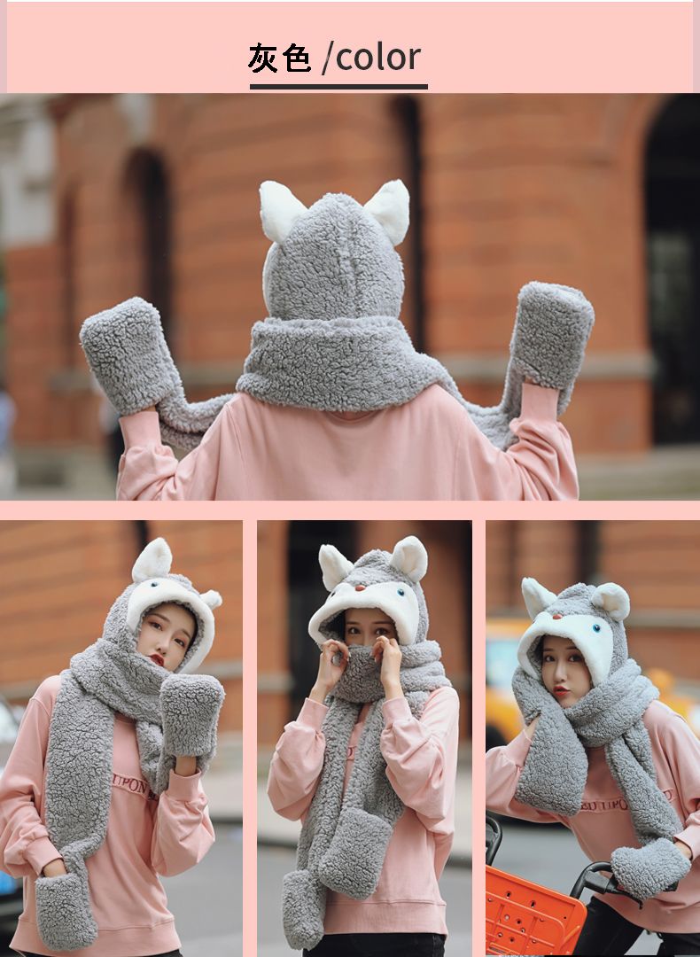 A thick and warm Korean version of a hooded scarf for girls in winter, a cute and versatile three-piece set of hat, scarf and gloves detail image 8