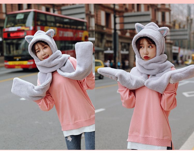Little bear ears, one-piece hat and scarf, a versatile winter fur scarf for girls, a Korean version of a cute girl two-piece set detail image 15
