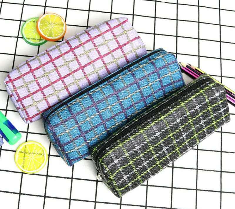 Single package Color striped check pattern single zipper canvas pencil case thumbnail