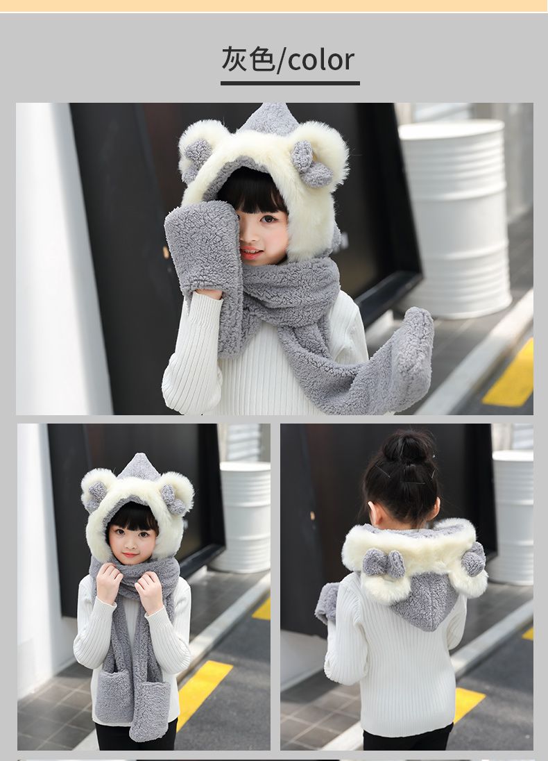 Bear Ears Hat Scarf One Practical Cute Plush Lamb Fur Bib Winter Schoolgirl Soft Sister Against The Cold Wind undefined