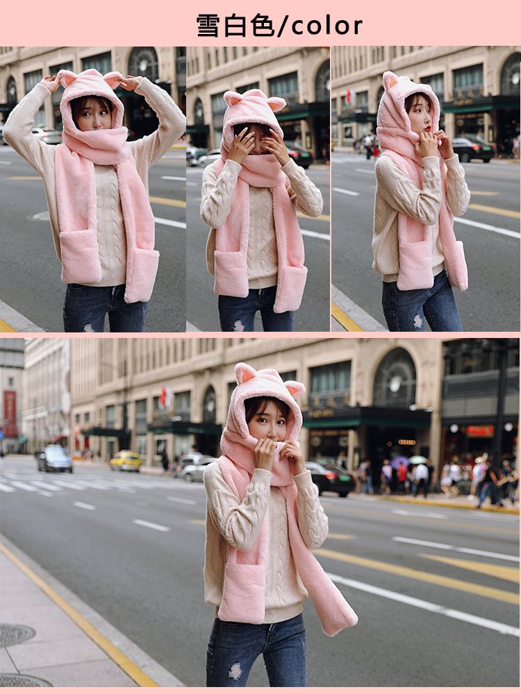 Little bear ears, one-piece hat and scarf, a versatile winter fur scarf for girls, a Korean version of a cute girl two-piece set detail image 12