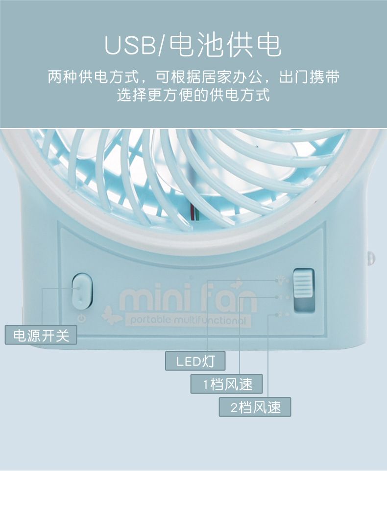 Creative office desktop mini fan, usb charging fan, three-speed LED light, silent electric mini fan detail image 3