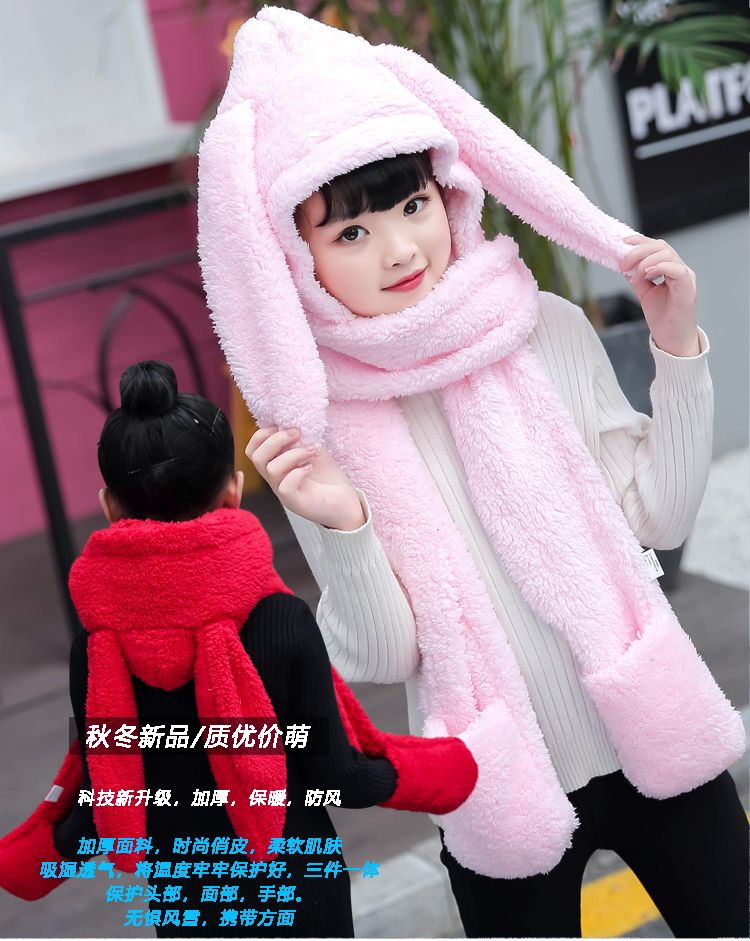 This autumn and winter hat is versatile, cute and warm for women. It's a double-layered thickened winter hat, scarf and glove. It's a three-in-one hat and Lei Feng hat detail image 1