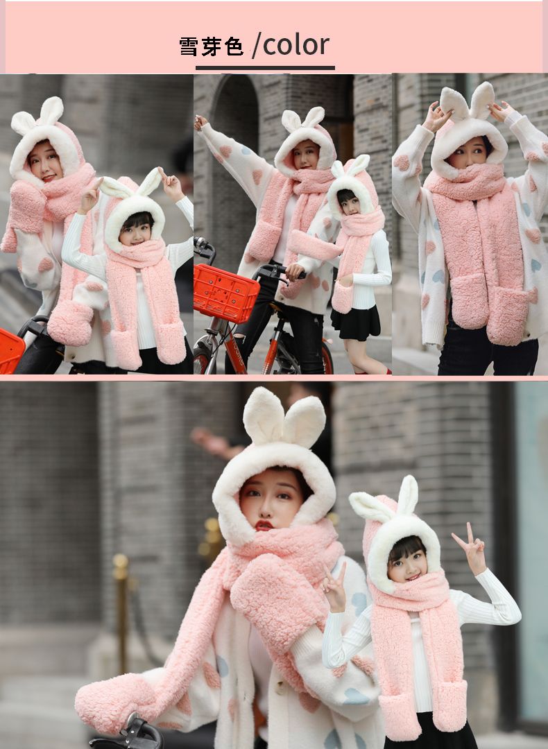 A plush hat, scarf and gloves one-piece set for girls in winter, with thick and warm cat ears, cycling scarf and cap detail image 13