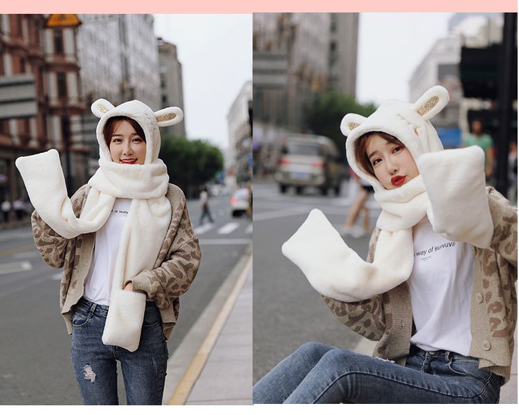 Winter warm sheepskin plush hat, scarf and scarf in one piece, little bear ear cap, cycling windproof and cold-proof for women, autumn and winter detail image 11
