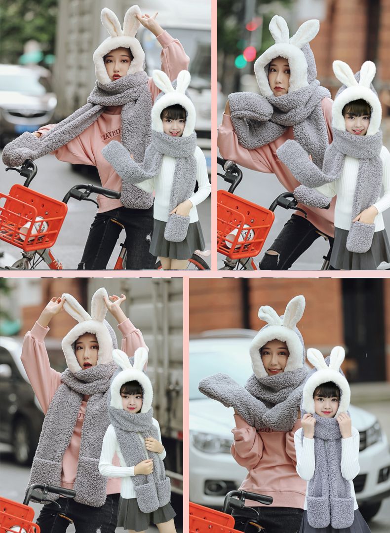 A plush hat, scarf and gloves one-piece set for girls in winter, with thick and warm cat ears, cycling scarf and cap detail image 12