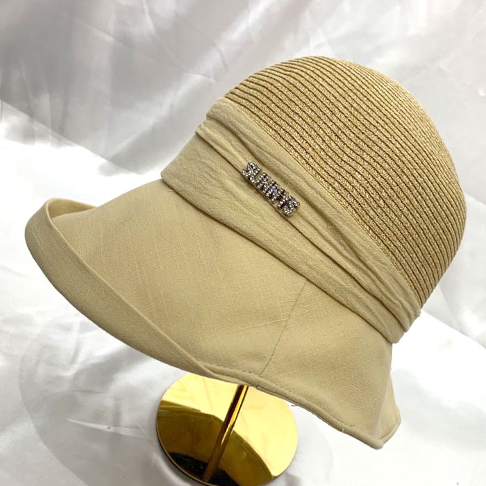 Women's Summer Straw Hat Short In Front And Long In Back 0.4 Fine Paper Braided Double Spell Rhinestone Mark details Picture