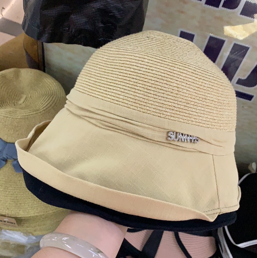 Women's Summer Straw Hat Short In Front And Long In Back 0.4 Fine Paper Braided Double Spell Rhinestone Mark