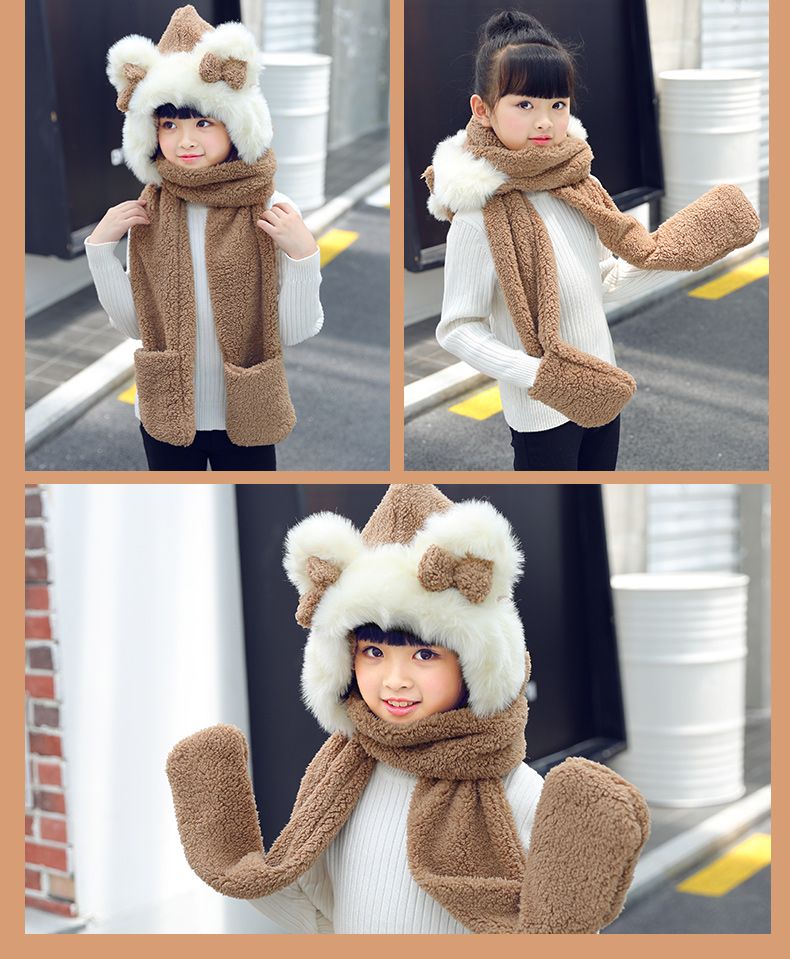 Bear Ears Hat Scarf One Practical Cute Plush Lamb Fur Bib Winter Schoolgirl Soft Sister Against The Cold Wind undefined