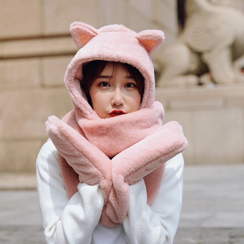 Little bear ears, one-piece hat and scarf, a versatile winter fur scarf for girls, a Korean version of a cute girl two-piece set