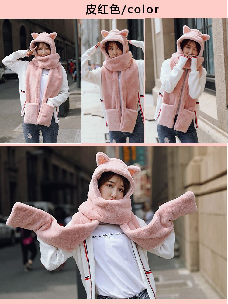 Little bear ears, one-piece hat and scarf, a versatile winter fur scarf for girls, a Korean version of a cute girl two-piece set detail image 8