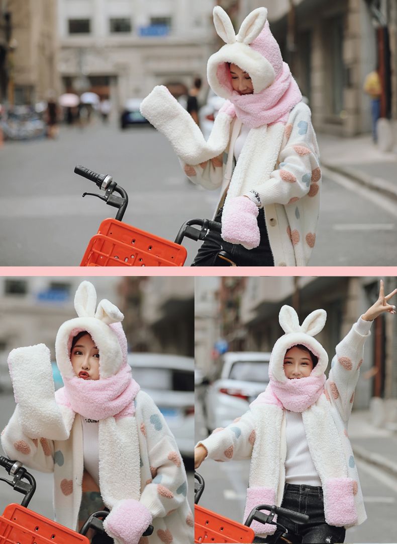 Hat Women's Autumn And Winter Scarf Gloves One Three-Piece Set Students Warm Thick One-Piece Hat Children's Bib Hat Family undefined