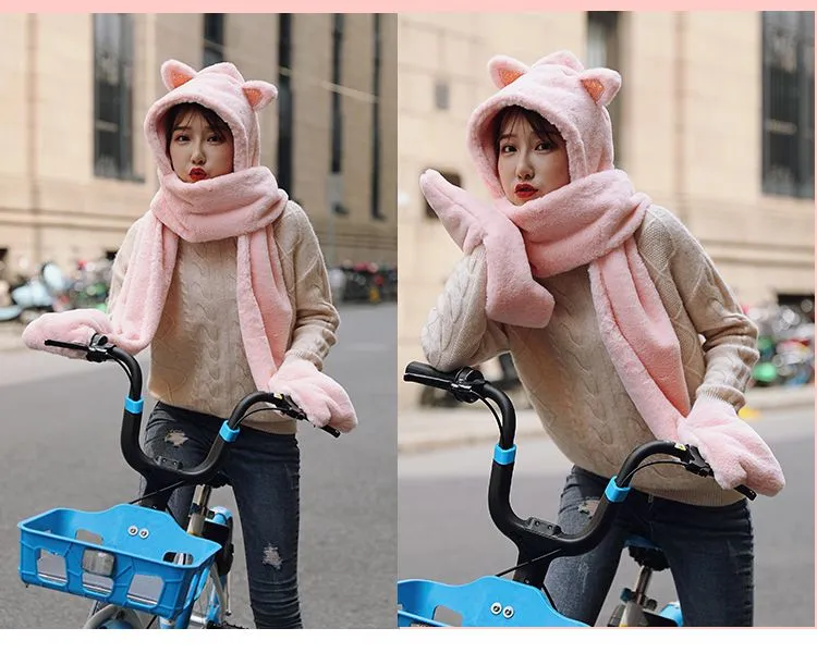 Little bear ears, one-piece hat and scarf, a versatile winter fur scarf for girls, a Korean version of a cute girl two-piece set detail image 13