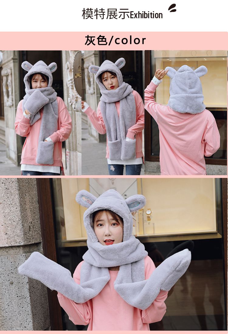 Winter warm sheepskin plush hat, scarf and scarf in one piece, little bear ear cap, cycling windproof and cold-proof for women, autumn and winter detail image 8