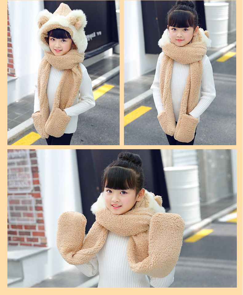 Bear Ears Hat Scarf One Practical Cute Plush Lamb Fur Bib Winter Schoolgirl Soft Sister Against The Cold Wind undefined