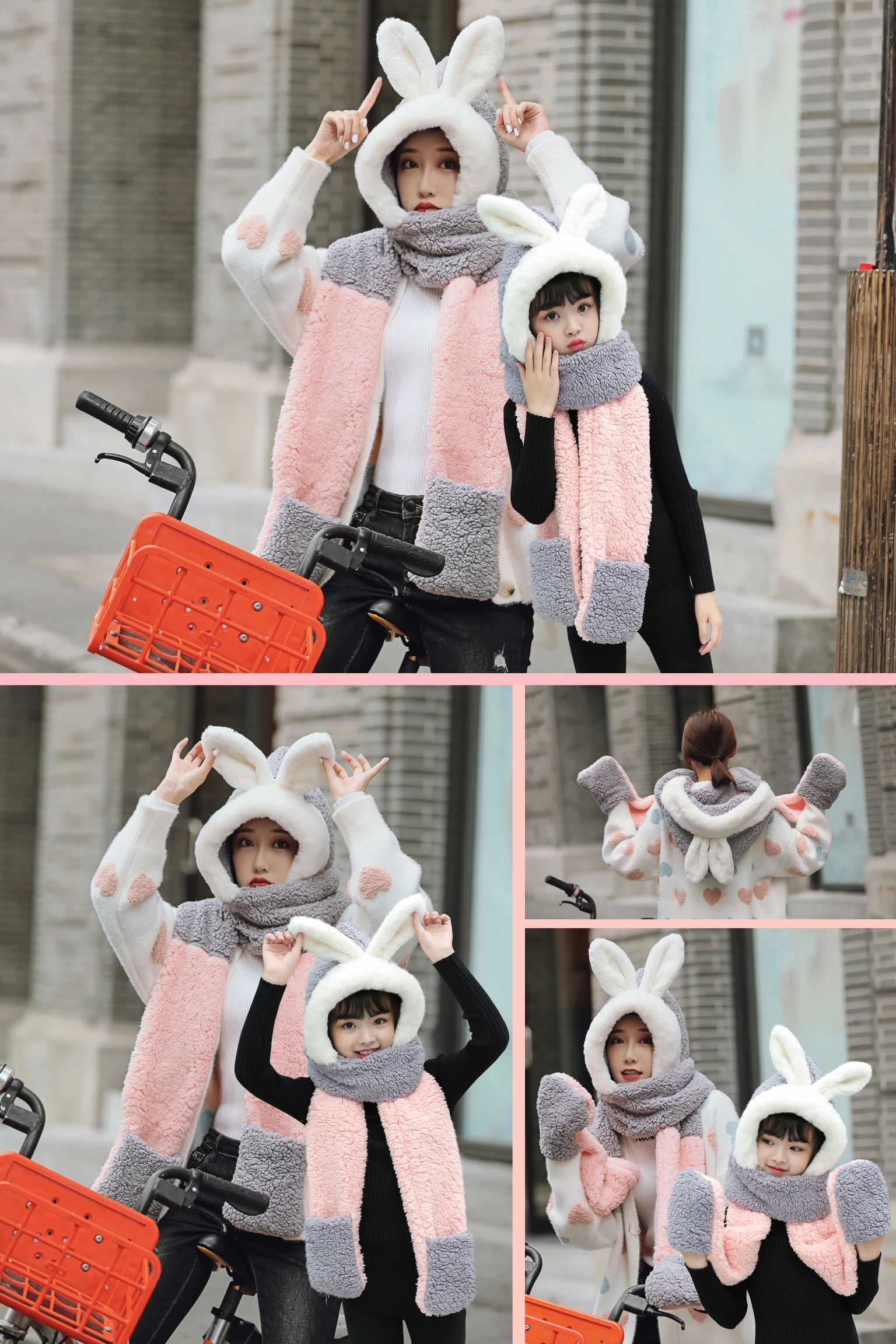 Hat Women's Autumn And Winter Scarf Gloves One Three-Piece Set Students Warm Thick One-Piece Hat Children's Bib Hat Family undefined