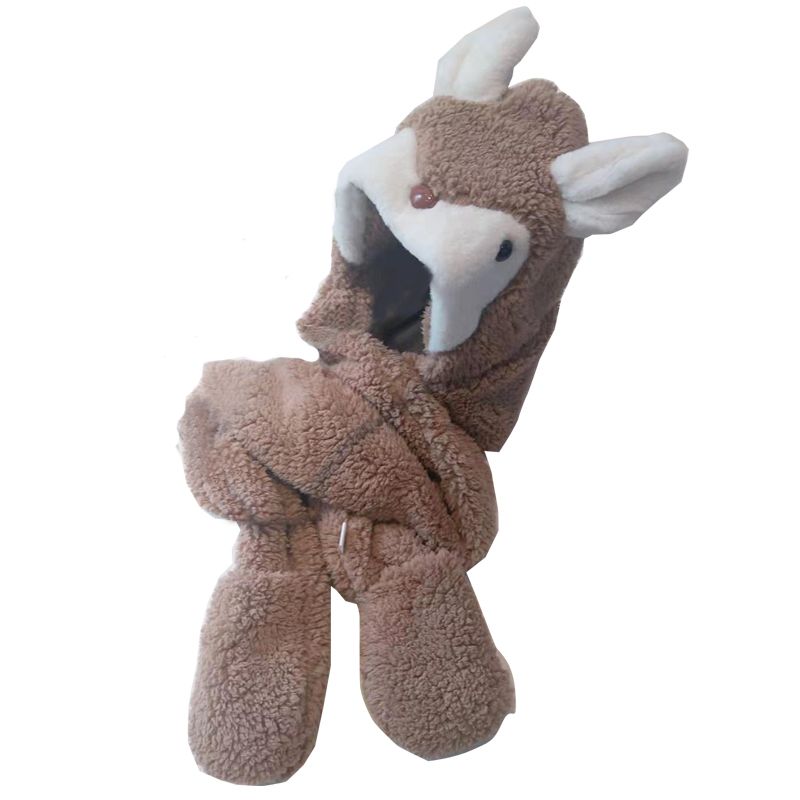 A thick and warm Korean version of a hooded scarf for girls in winter, a cute and versatile three-piece set of hat, scarf and gloves detail image 5