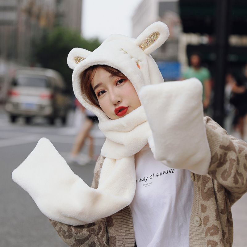 Winter warm sheepskin plush hat, scarf and scarf in one piece, little bear ear cap, cycling windproof and cold-proof for women, autumn and winter