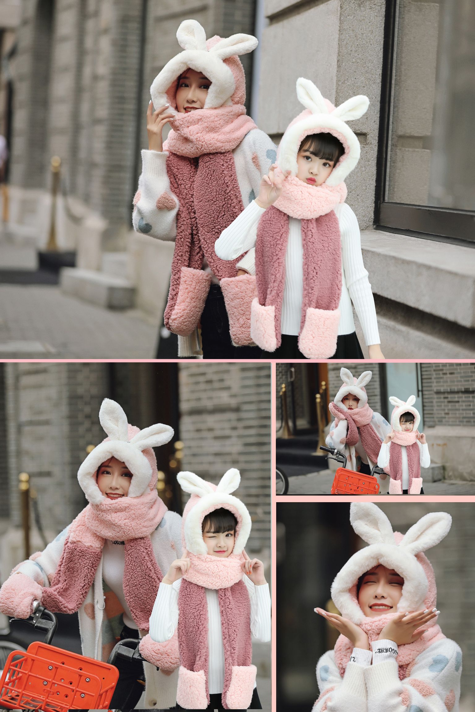 Hat Women's Autumn And Winter Scarf Gloves One Three-Piece Set Students Warm Thick One-Piece Hat Children's Bib Hat Family undefined