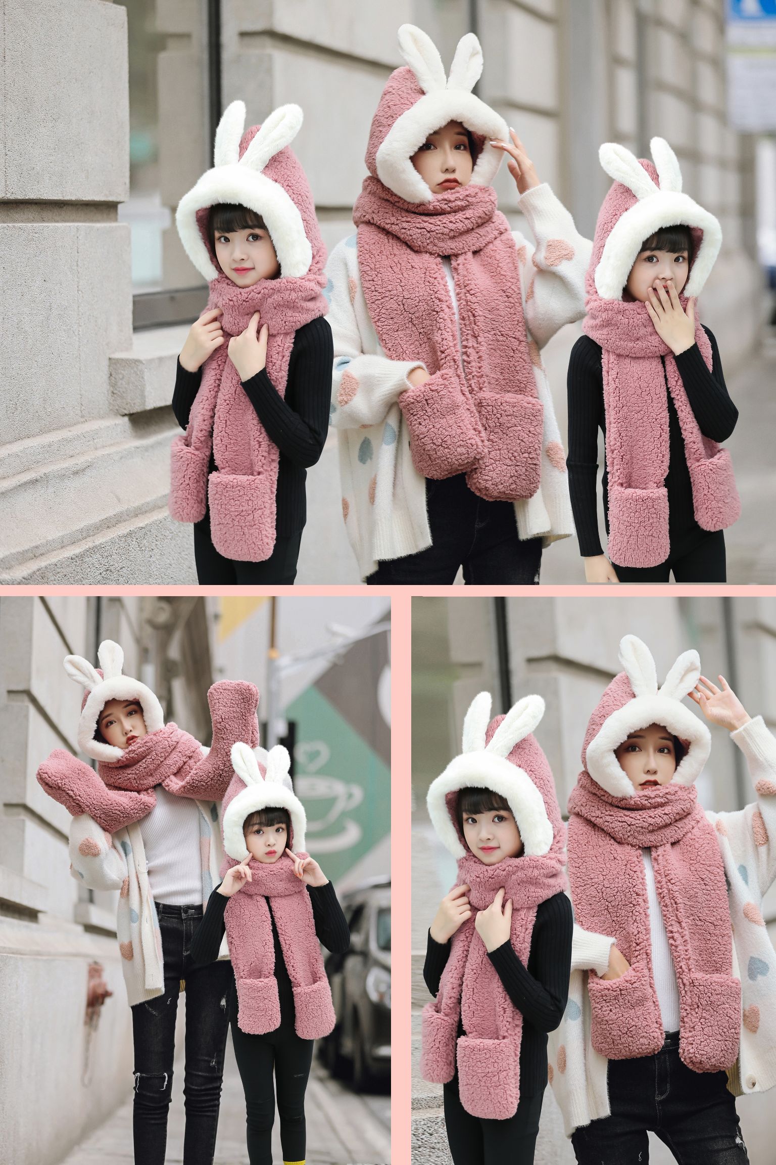 A plush hat, scarf and gloves one-piece set for girls in winter, with thick and warm cat ears, cycling scarf and cap detail image 11