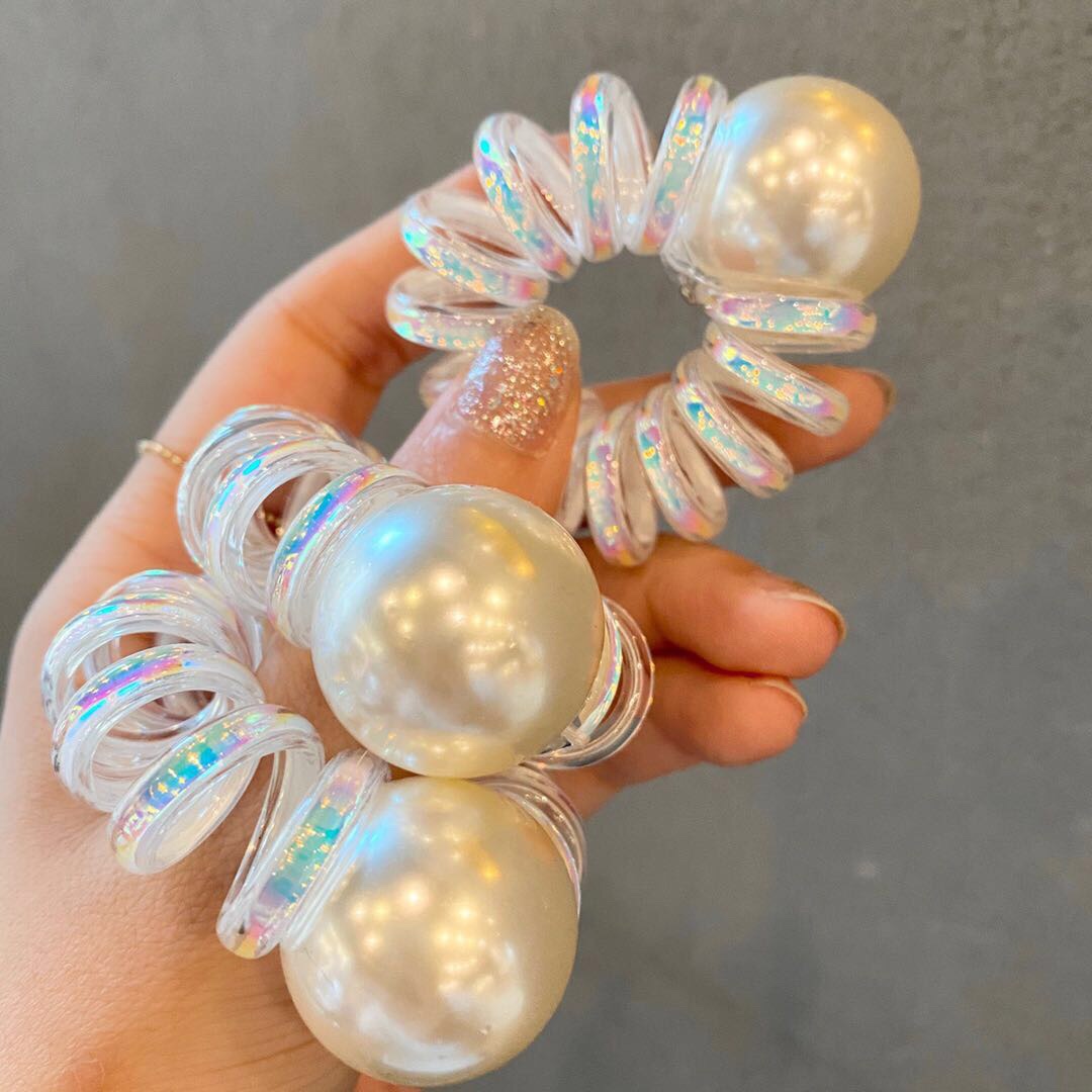 South Korea's Hot Selling Mermaid Color Big Pearl Telephone Line Hairband Without Trace Horsetail Ball Hair Adornment Live Network Red details Picture