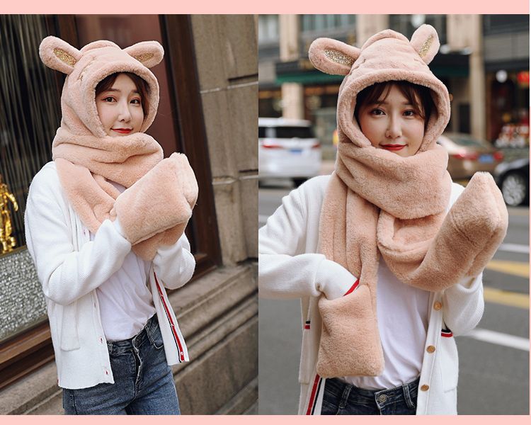 Winter warm sheepskin plush hat, scarf and scarf in one piece, little bear ear cap, cycling windproof and cold-proof for women, autumn and winter detail image 15
