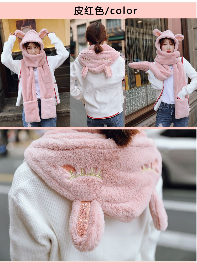 Winter warm sheepskin plush hat, scarf and scarf in one piece, little bear ear cap, cycling windproof and cold-proof for women, autumn and winter detail image 6