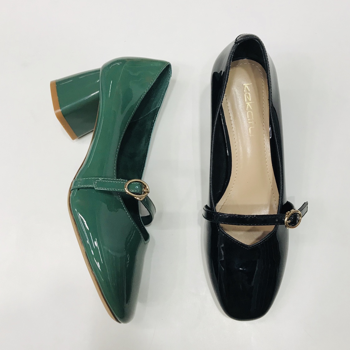 Victory Shoes Women's patent leather one-line decorative strap thick heel French glossy thick heel low heel Women's shoes Specification image
