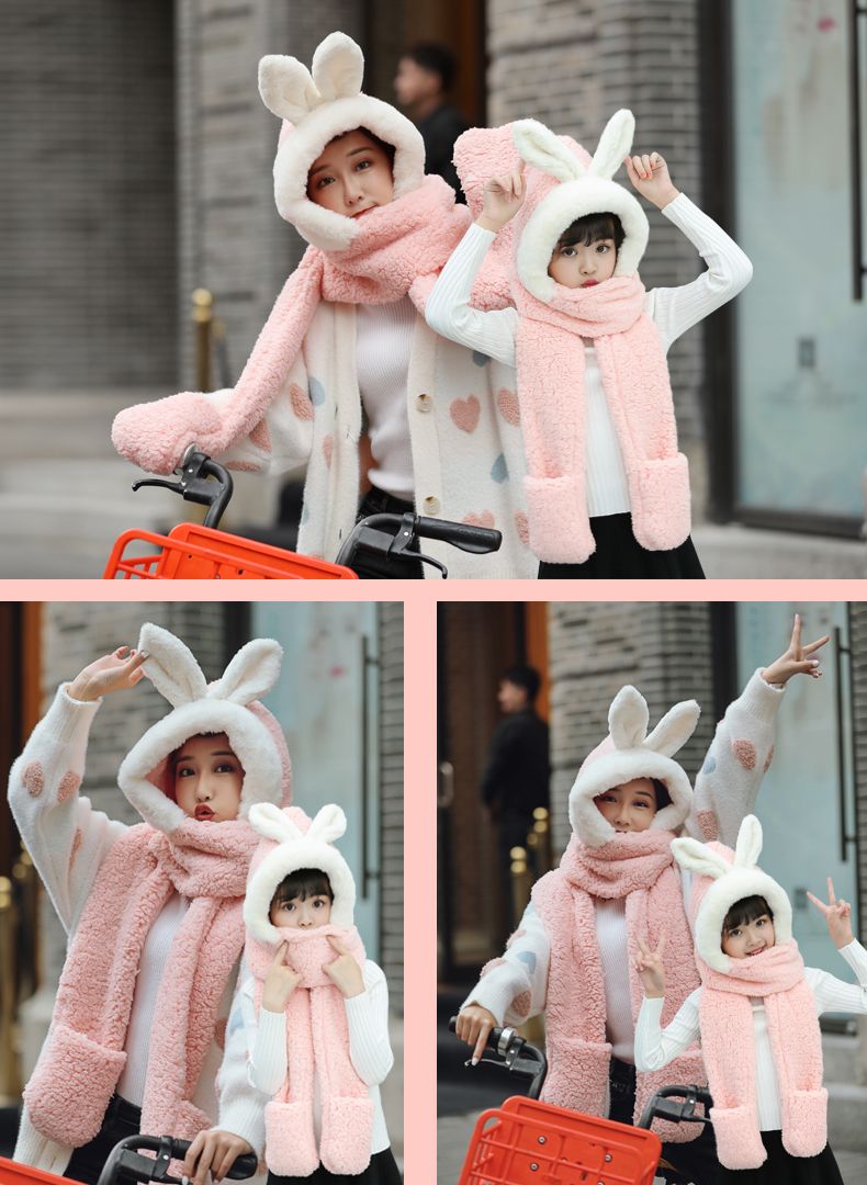 A plush hat, scarf and gloves one-piece set for girls in winter, with thick and warm cat ears, cycling scarf and cap detail image 14