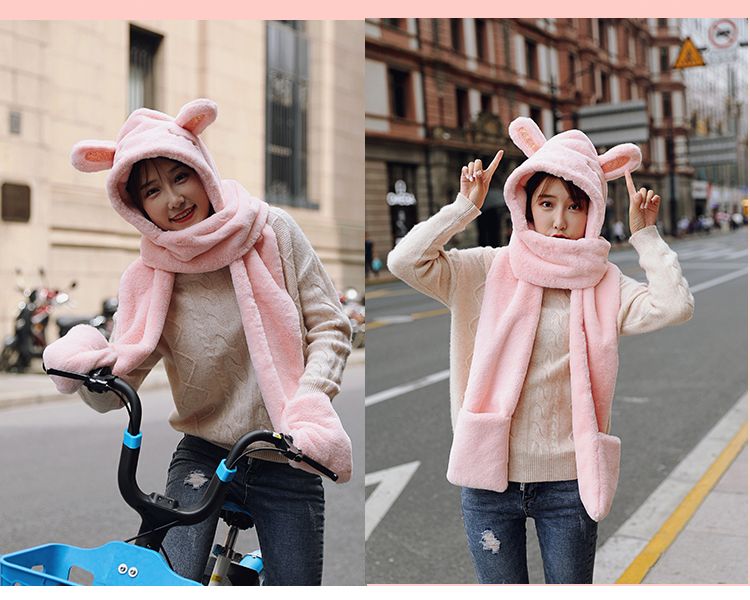 Winter warm sheepskin plush hat, scarf and scarf in one piece, little bear ear cap, cycling windproof and cold-proof for women, autumn and winter detail image 17