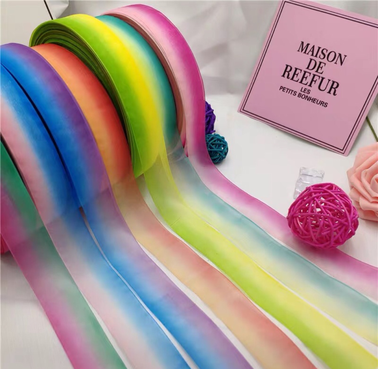 Rainbow rainbow color gradient, Korea snow yarn ribbon silk ribbon Flower shop cake gift box, bookmark rope bag, decorative ribbon colorful gradient thumbnail