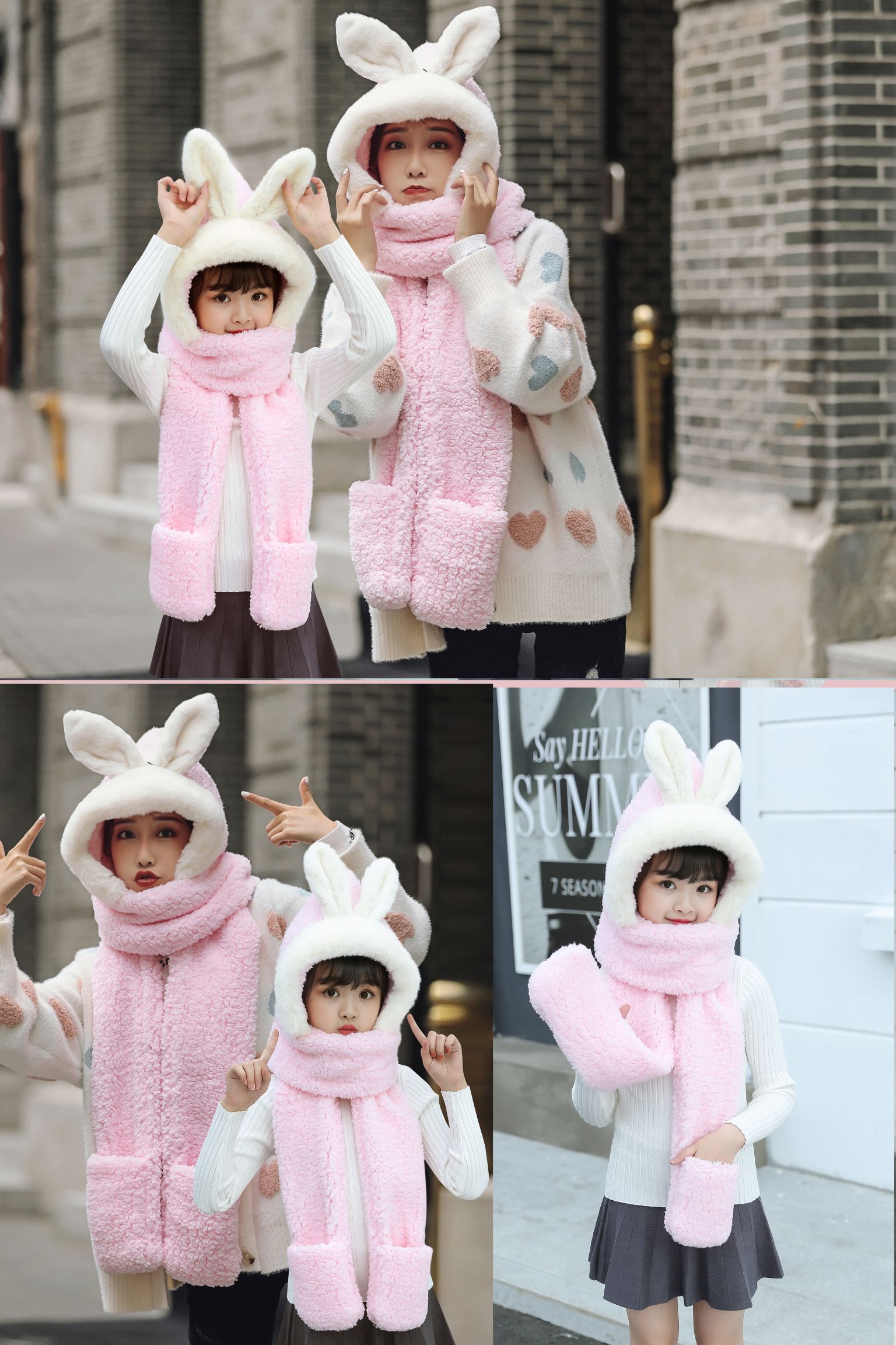 A plush hat, scarf and gloves one-piece set for girls in winter, with thick and warm cat ears, cycling scarf and cap detail image 10