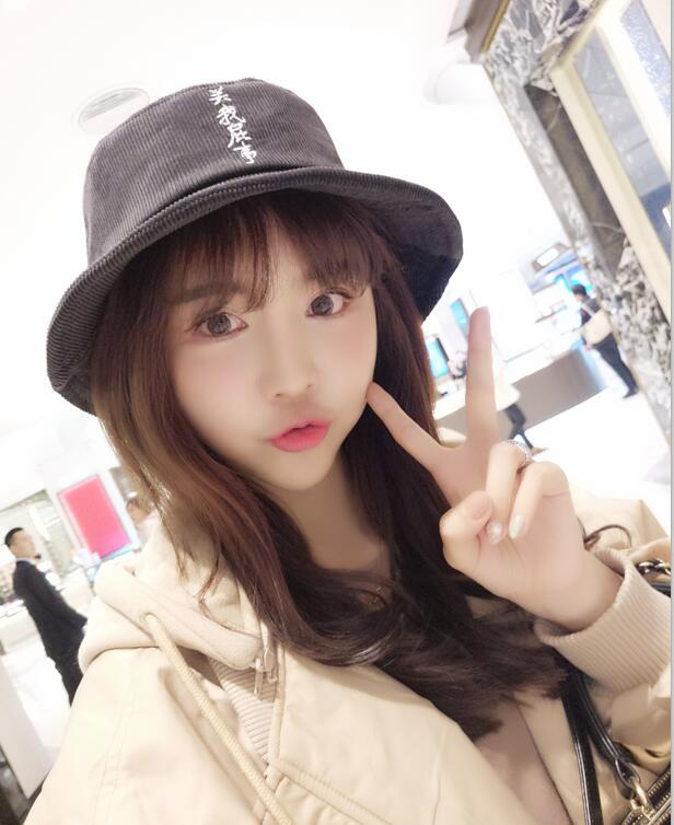 Korean version of female joker hat Autumn winter Corduroy fisherman hat hat woman face embroidered hat thumbnail