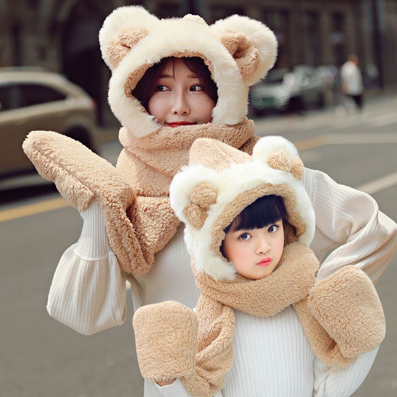 Autumn And Winter Parent-Child Hat Scarf Gloves One Thick Warm Wind And Cold Students Cute Bib Cap Three Sets