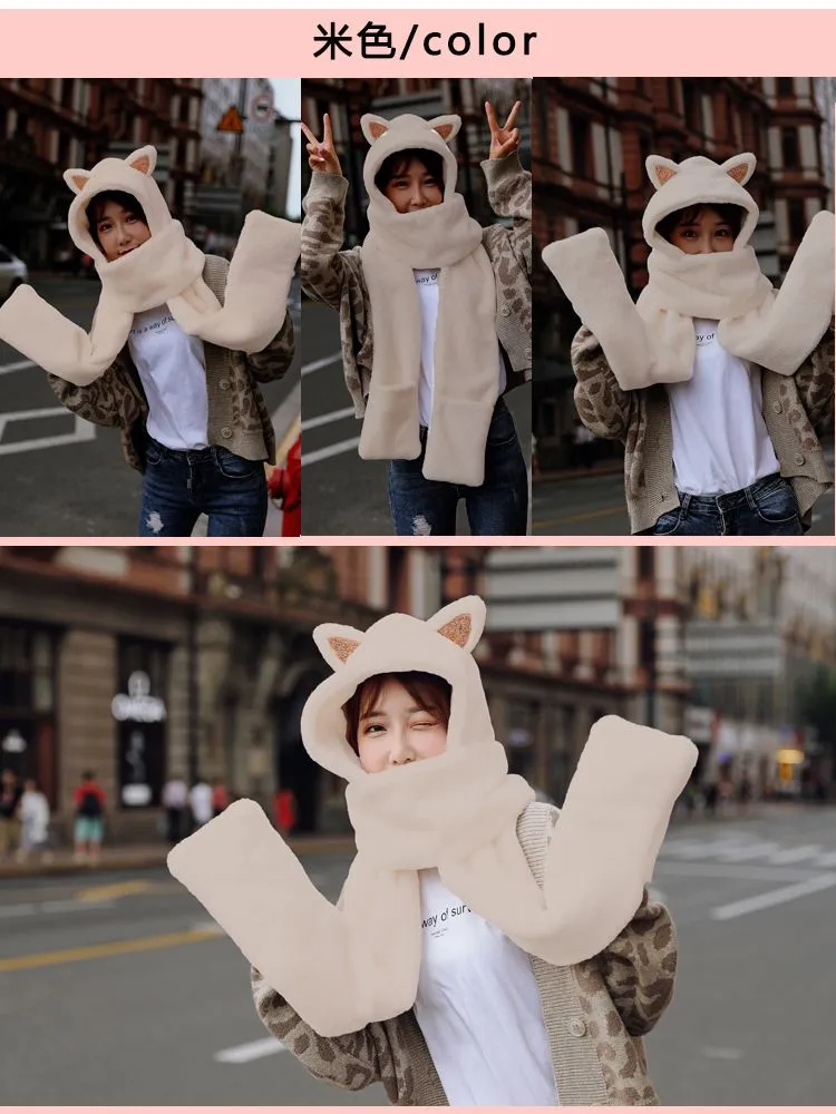 Little bear ears, one-piece hat and scarf, a versatile winter fur scarf for girls, a Korean version of a cute girl two-piece set detail image 16