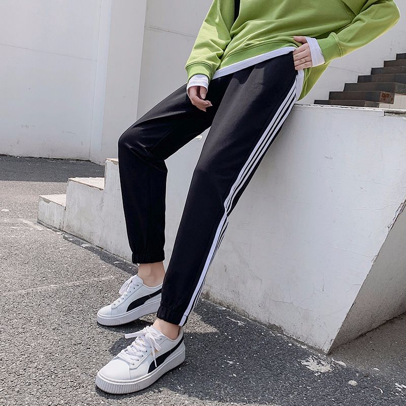 亿贝彩休闲运动裤女三边条裤宽松束脚显瘦学生黑色裤子新款秋女裤产品图