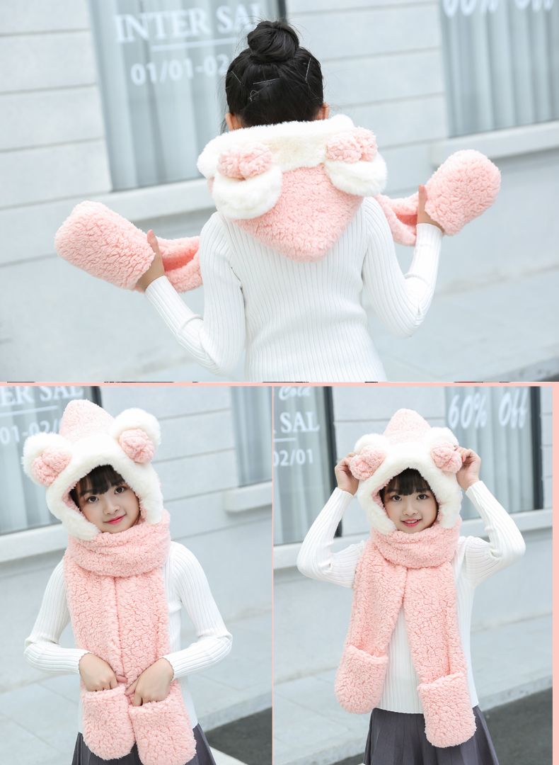Bear Ears Hat Scarf One Practical Cute Plush Lamb Fur Bib Winter Schoolgirl Soft Sister Against The Cold Wind undefined