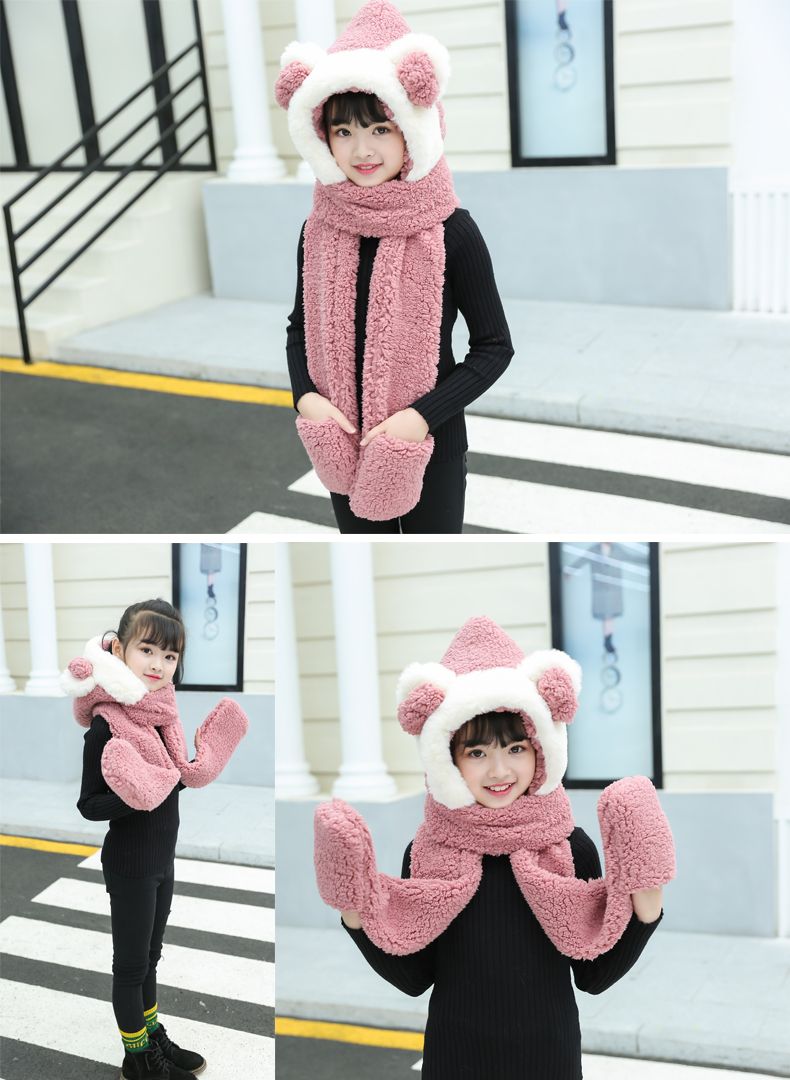 Bear Ears Hat Scarf One Practical Cute Plush Lamb Fur Bib Winter Schoolgirl Soft Sister Against The Cold Wind undefined