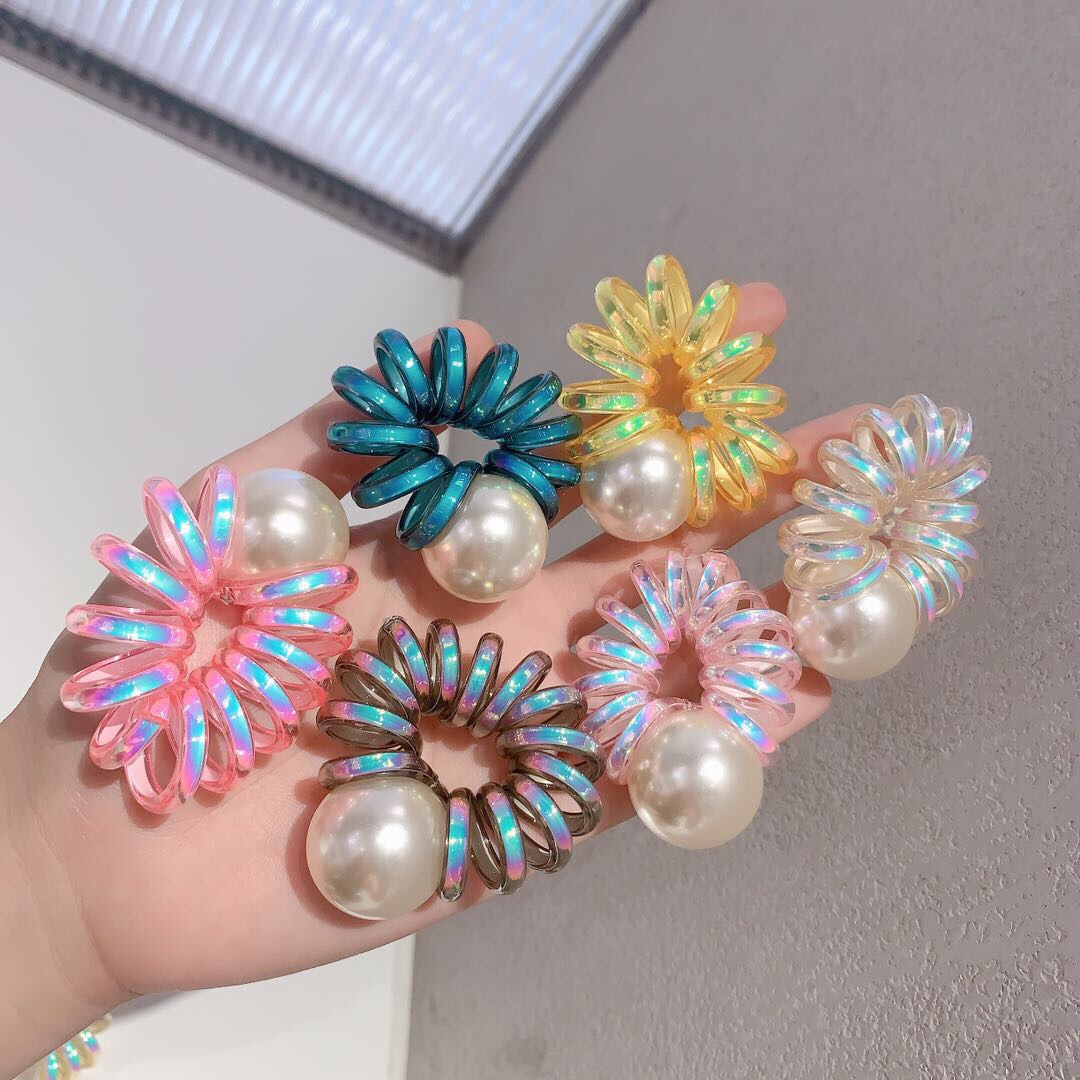South Korea's Hot Selling Mermaid Color Big Pearl Telephone Line Hairband Without Trace Horsetail Ball Hair Adornment Live Network Red