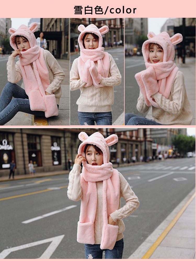 Winter warm sheepskin plush hat, scarf and scarf in one piece, little bear ear cap, cycling windproof and cold-proof for women, autumn and winter detail image 16