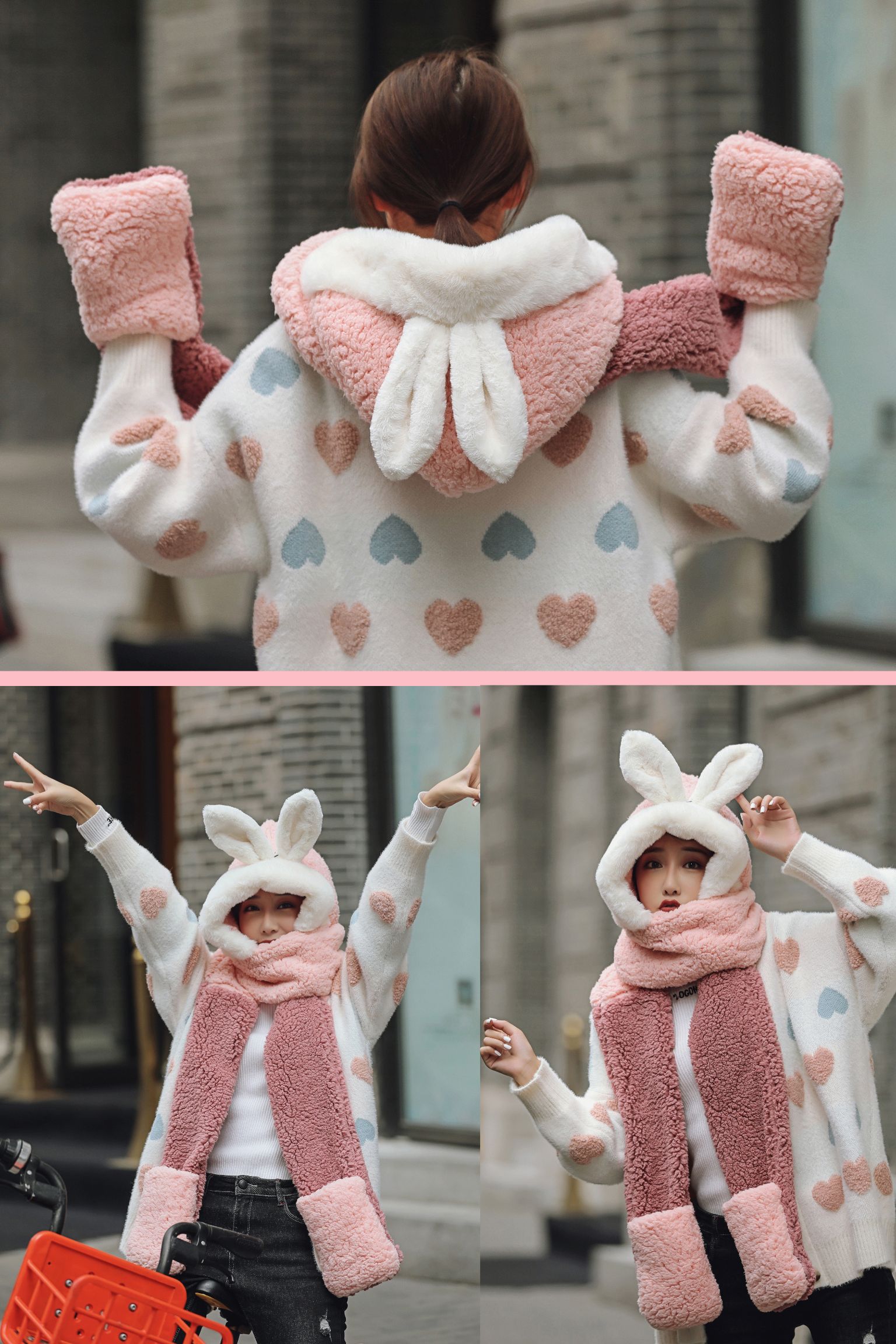 Hat Women's Autumn And Winter Scarf Gloves One Three-Piece Set Students Warm Thick One-Piece Hat Children's Bib Hat Family undefined