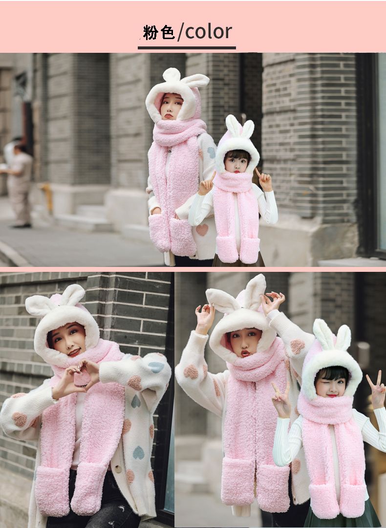 A plush hat, scarf and gloves one-piece set for girls in winter, with thick and warm cat ears, cycling scarf and cap detail image 5